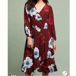 Anthropologie NWT Plenty by Tracy Reese Burgundy Floral Long Sleeve Dress Sz L